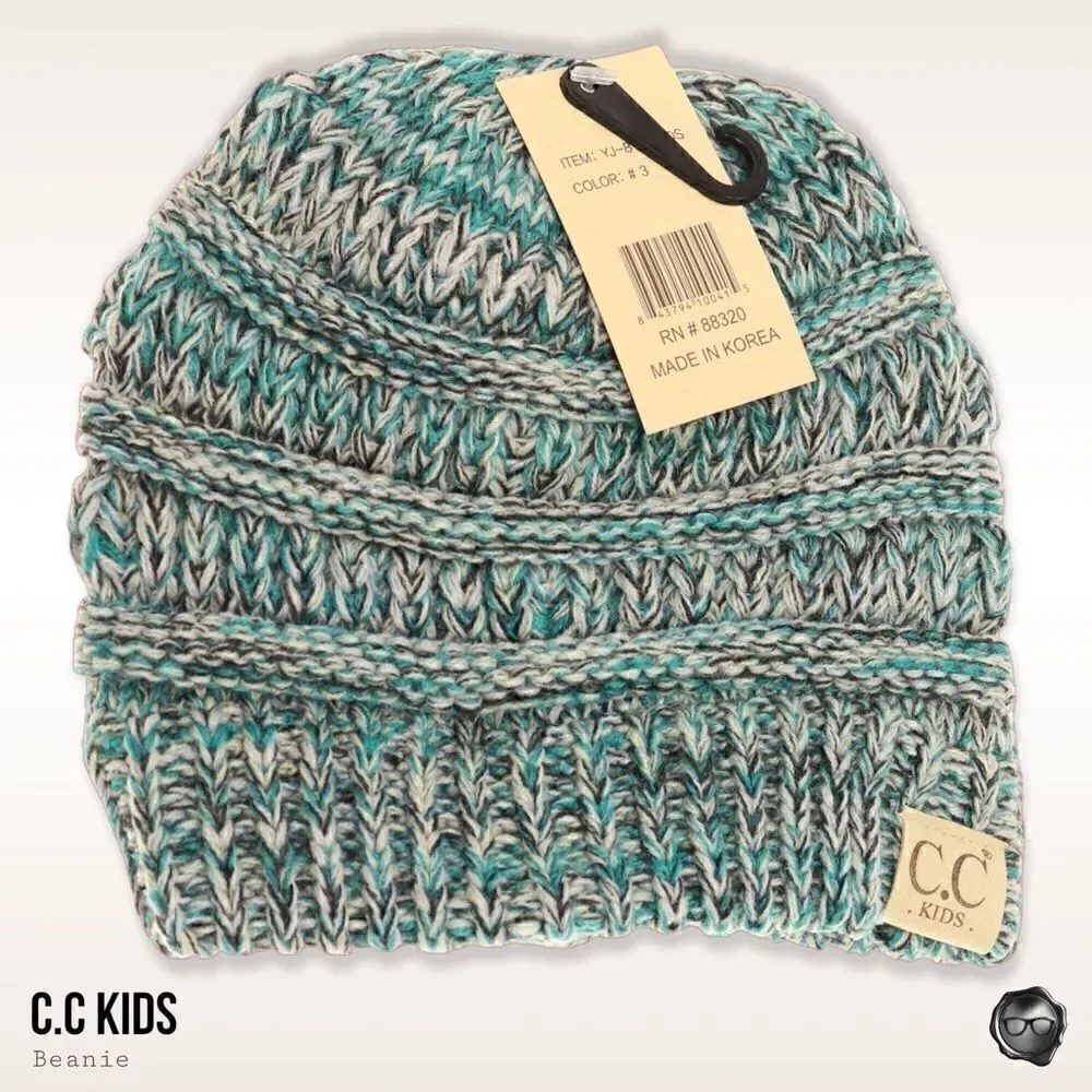 C.C KIDS BEANIE IN COOL CONFETTI GREEN & BLUE WARM CABLE KNIT WINTER CAP NO ITCH